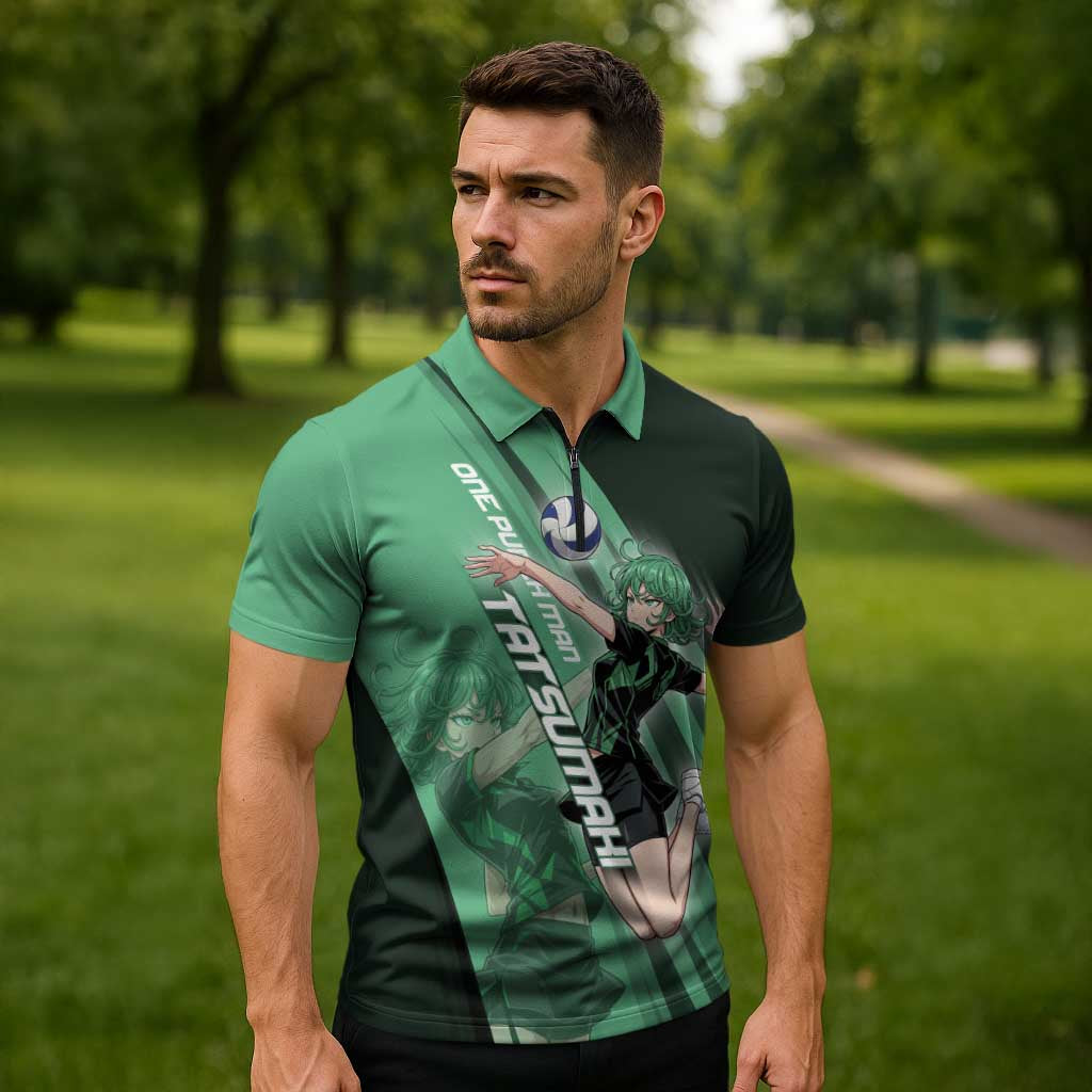 Personalized Tatsumaki Volleyball Design Zipper Polo Shirt with Green Athletic Theme and Energetic Action Pose