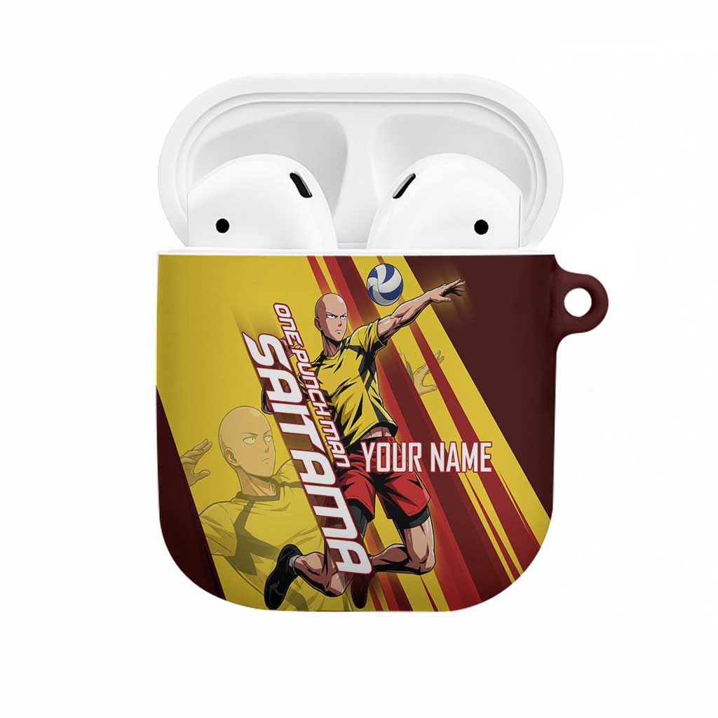 Personalized Saitama Volleyball Design AirPods Case with Yellow and Red Athletic Theme and Powerful Spike Pose
