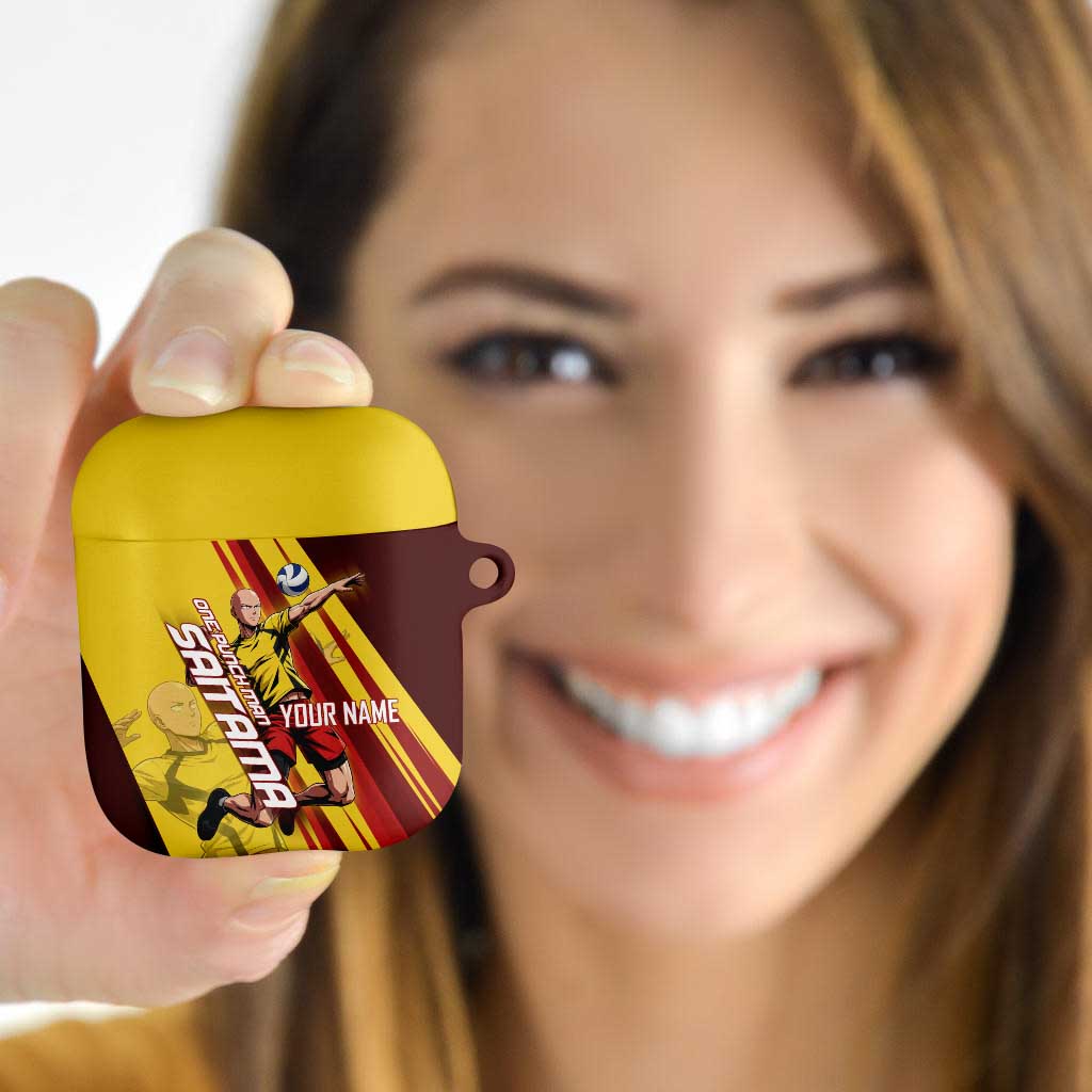 Personalized Saitama Volleyball Design AirPods Case with Yellow and Red Athletic Theme and Powerful Spike Pose