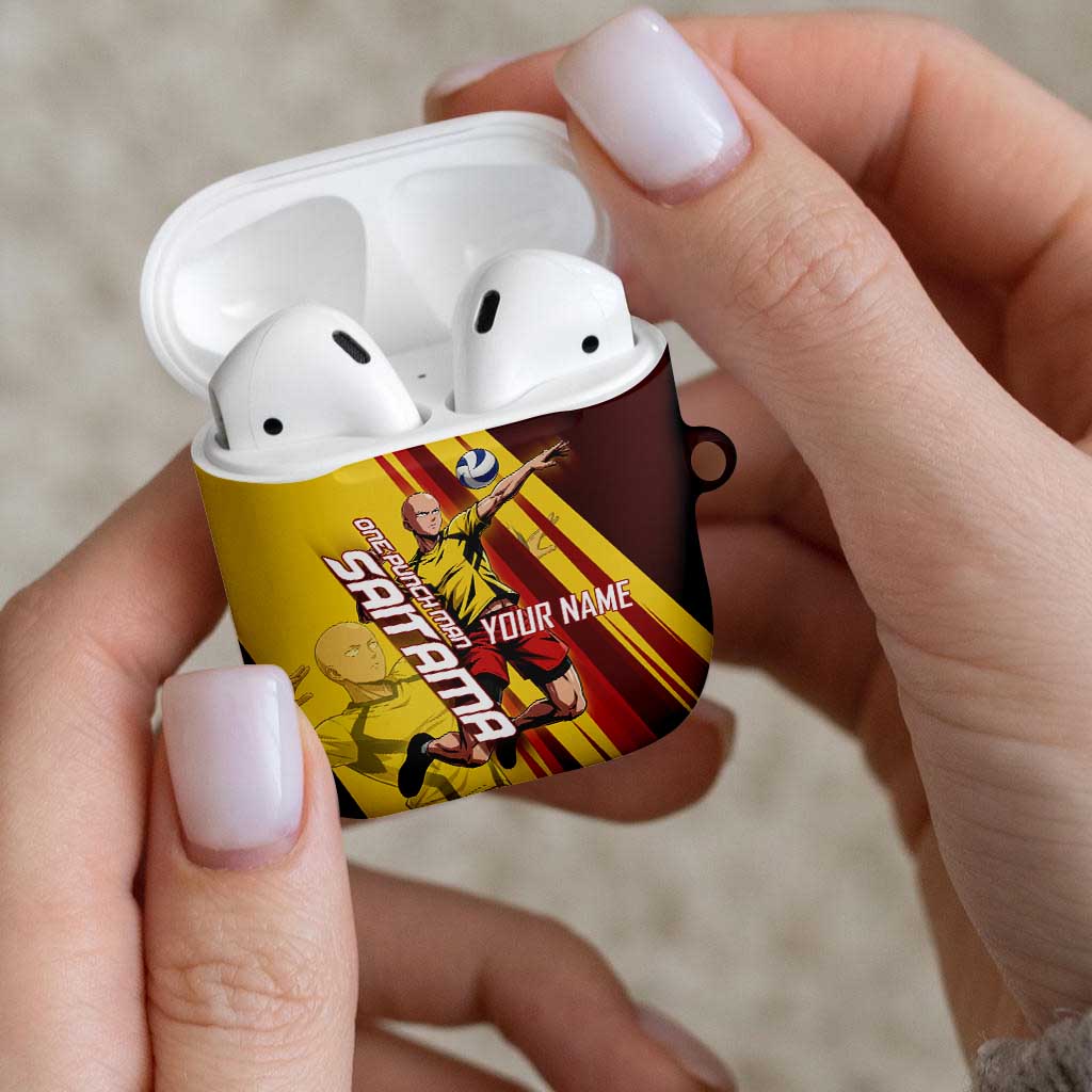 Personalized Saitama Volleyball Design AirPods Case with Yellow and Red Athletic Theme and Powerful Spike Pose
