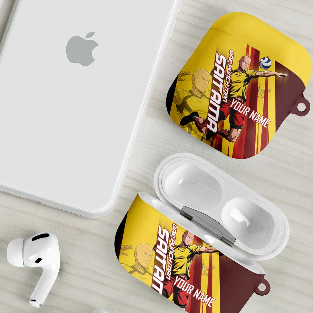 Personalized Saitama Volleyball Design AirPods Case with Yellow and Red Athletic Theme and Powerful Spike Pose