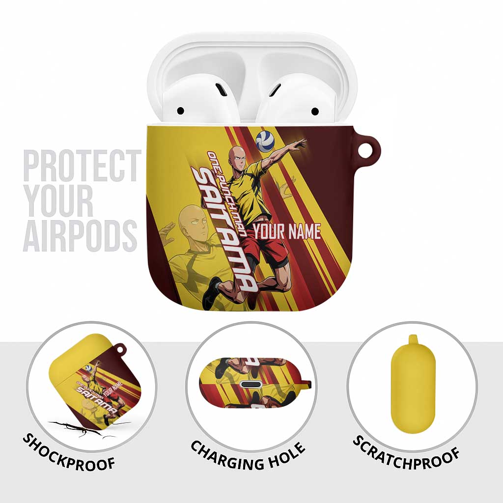 Personalized Saitama Volleyball Design AirPods Case with Yellow and Red Athletic Theme and Powerful Spike Pose
