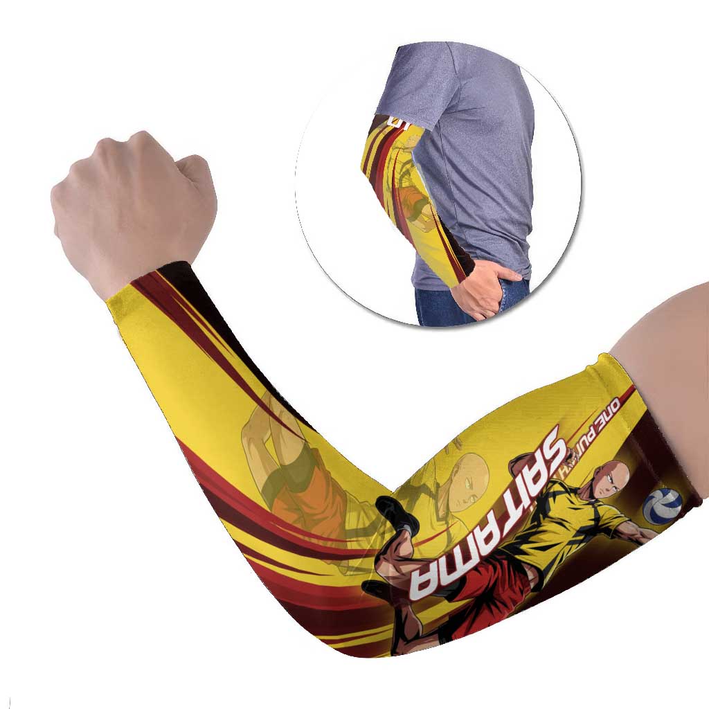 Personalized Saitama Volleyball Design Arm Sleeves with Yellow and Red Athletic Theme and Powerful Spike Pose