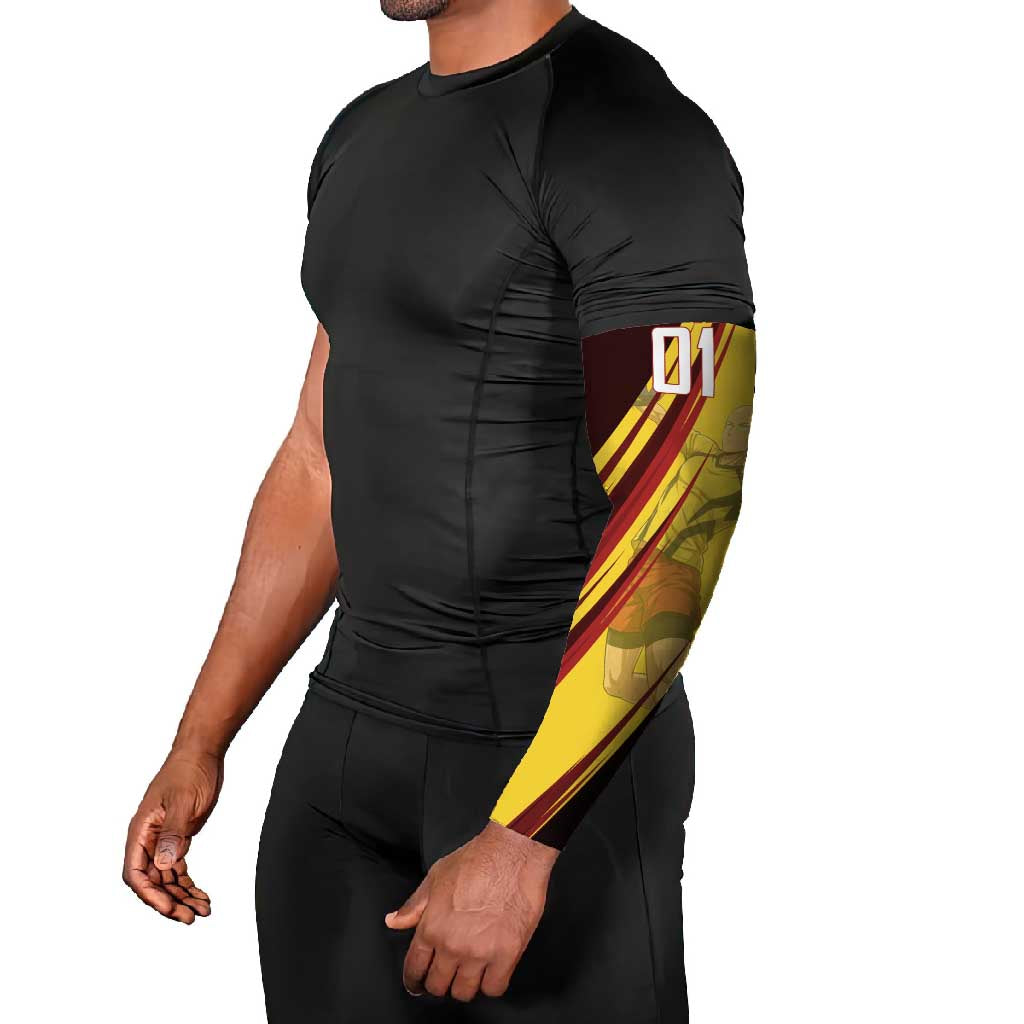 Personalized Saitama Volleyball Design Arm Sleeves with Yellow and Red Athletic Theme and Powerful Spike Pose