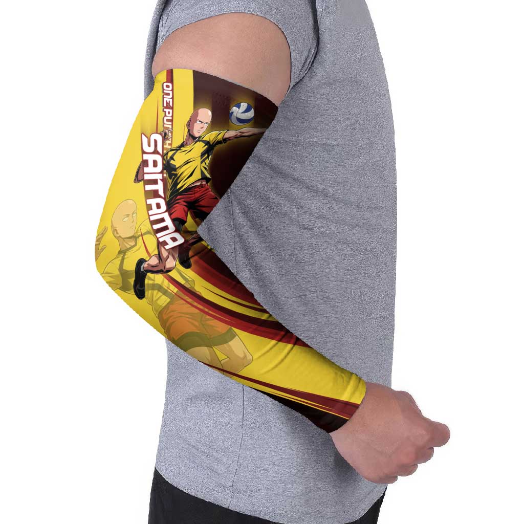 Personalized Saitama Volleyball Design Arm Sleeves with Yellow and Red Athletic Theme and Powerful Spike Pose