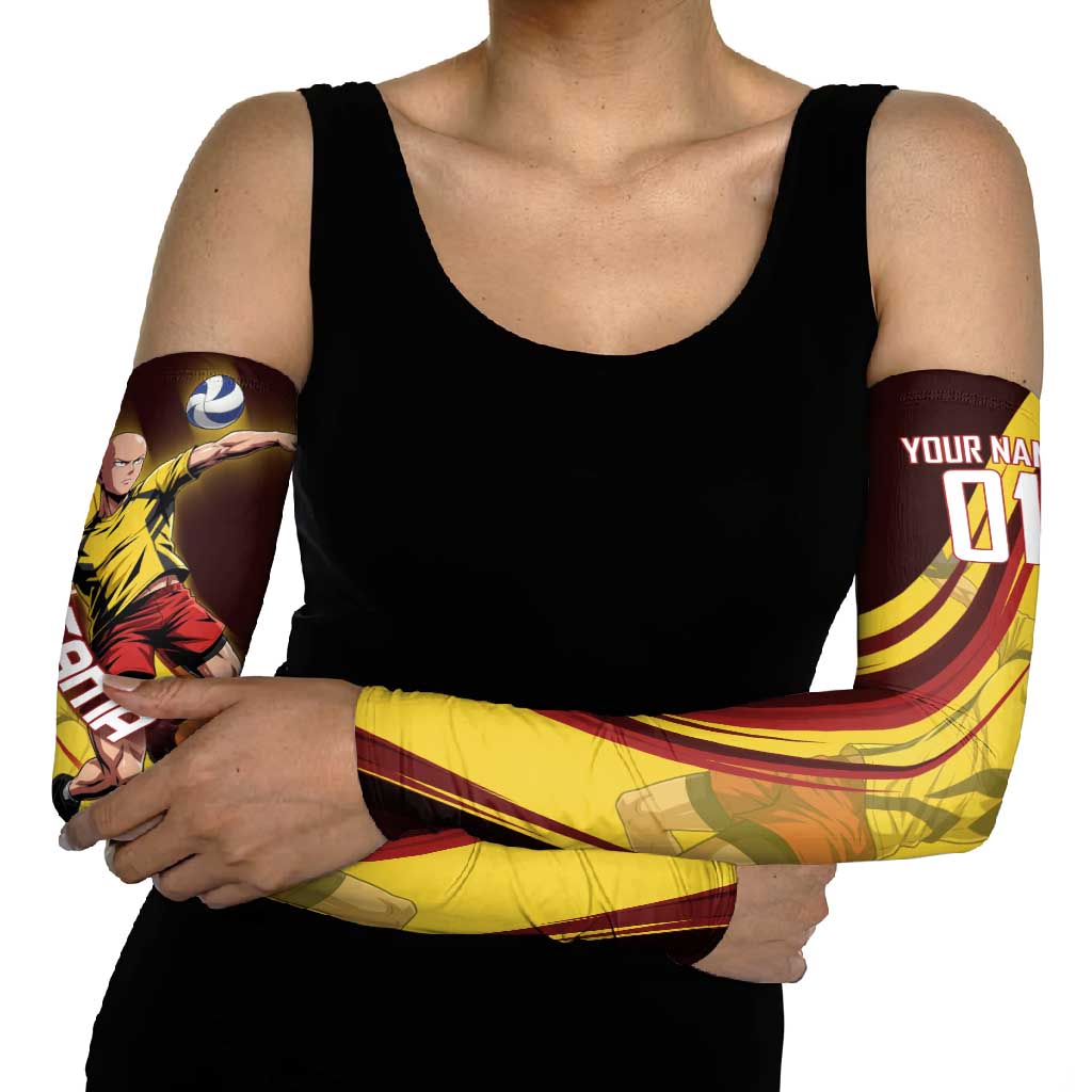 Personalized Saitama Volleyball Design Arm Sleeves with Yellow and Red Athletic Theme and Powerful Spike Pose