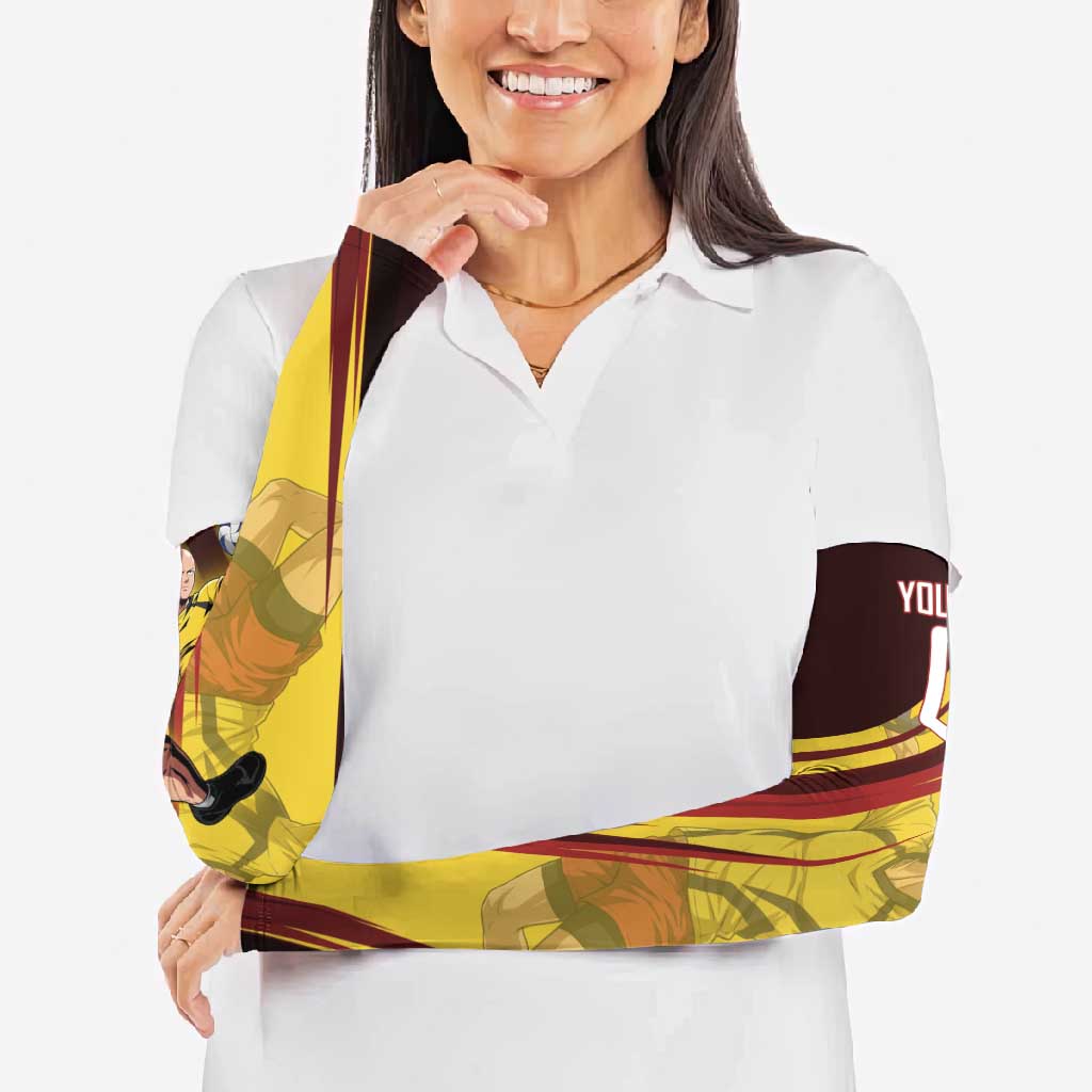 Personalized Saitama Volleyball Design Arm Sleeves with Yellow and Red Athletic Theme and Powerful Spike Pose