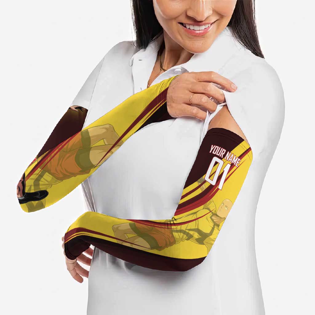 Personalized Saitama Volleyball Design Arm Sleeves with Yellow and Red Athletic Theme and Powerful Spike Pose