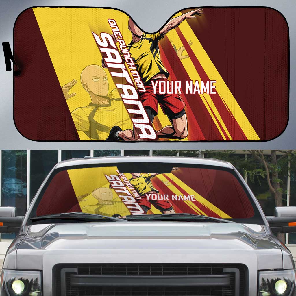 Personalized Saitama Volleyball Design Auto Sun Shade with Yellow and Red Athletic Theme and Powerful Spike Pose