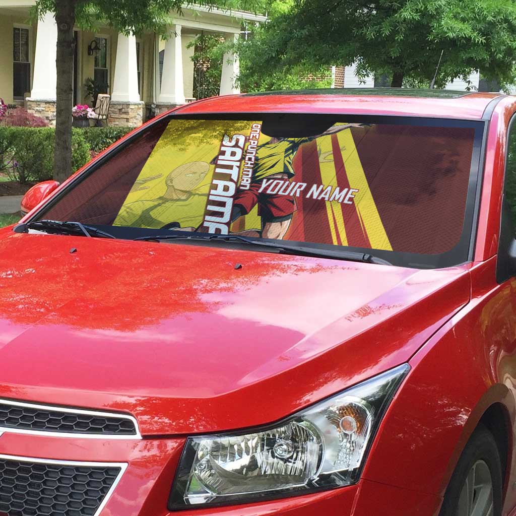 Personalized Saitama Volleyball Design Auto Sun Shade with Yellow and Red Athletic Theme and Powerful Spike Pose