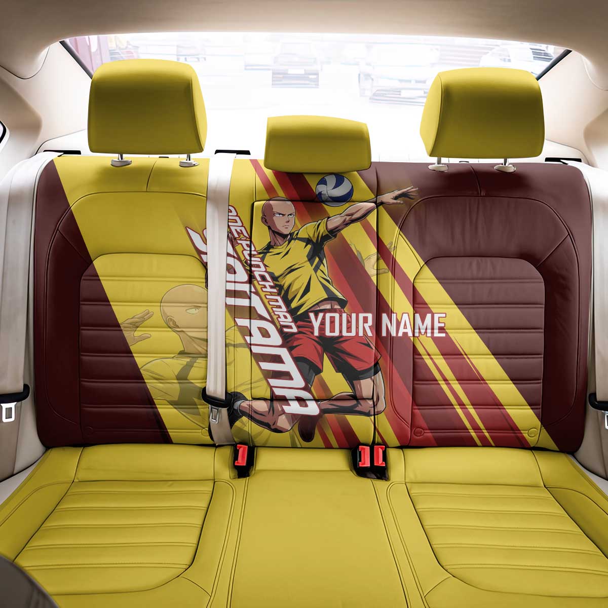 Personalized Saitama Volleyball Design Back Car Seat Cover with Yellow and Red Athletic Theme and Powerful Spike Pose