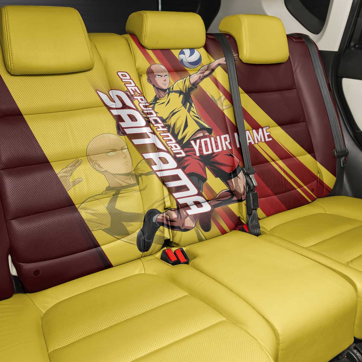 Personalized Saitama Volleyball Design Back Car Seat Cover with Yellow and Red Athletic Theme and Powerful Spike Pose