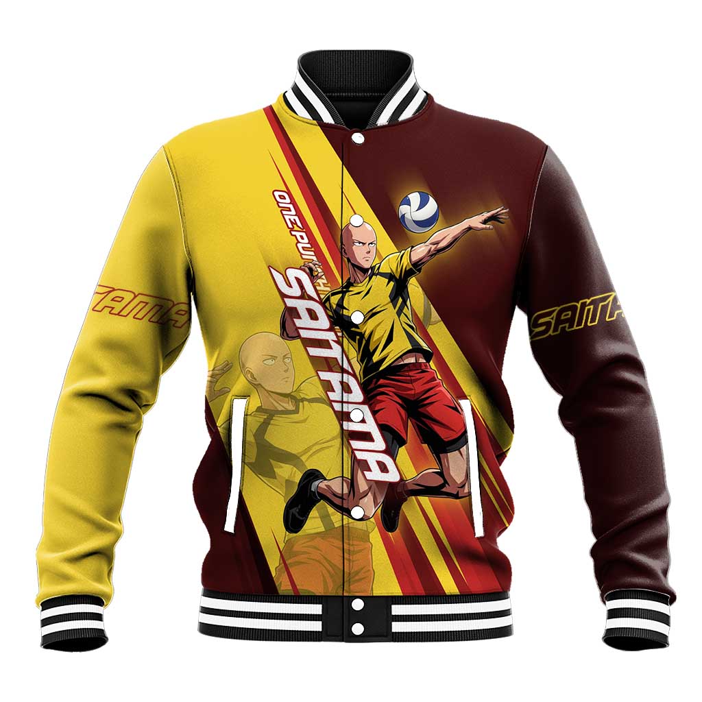 Personalized Saitama Volleyball Design Baseball Jacket with Yellow and Red Athletic Theme and Powerful Spike Pose