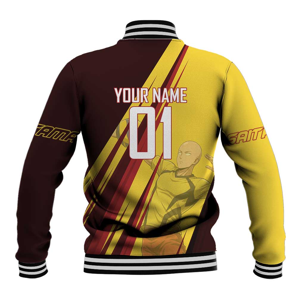Personalized Saitama Volleyball Design Baseball Jacket with Yellow and Red Athletic Theme and Powerful Spike Pose