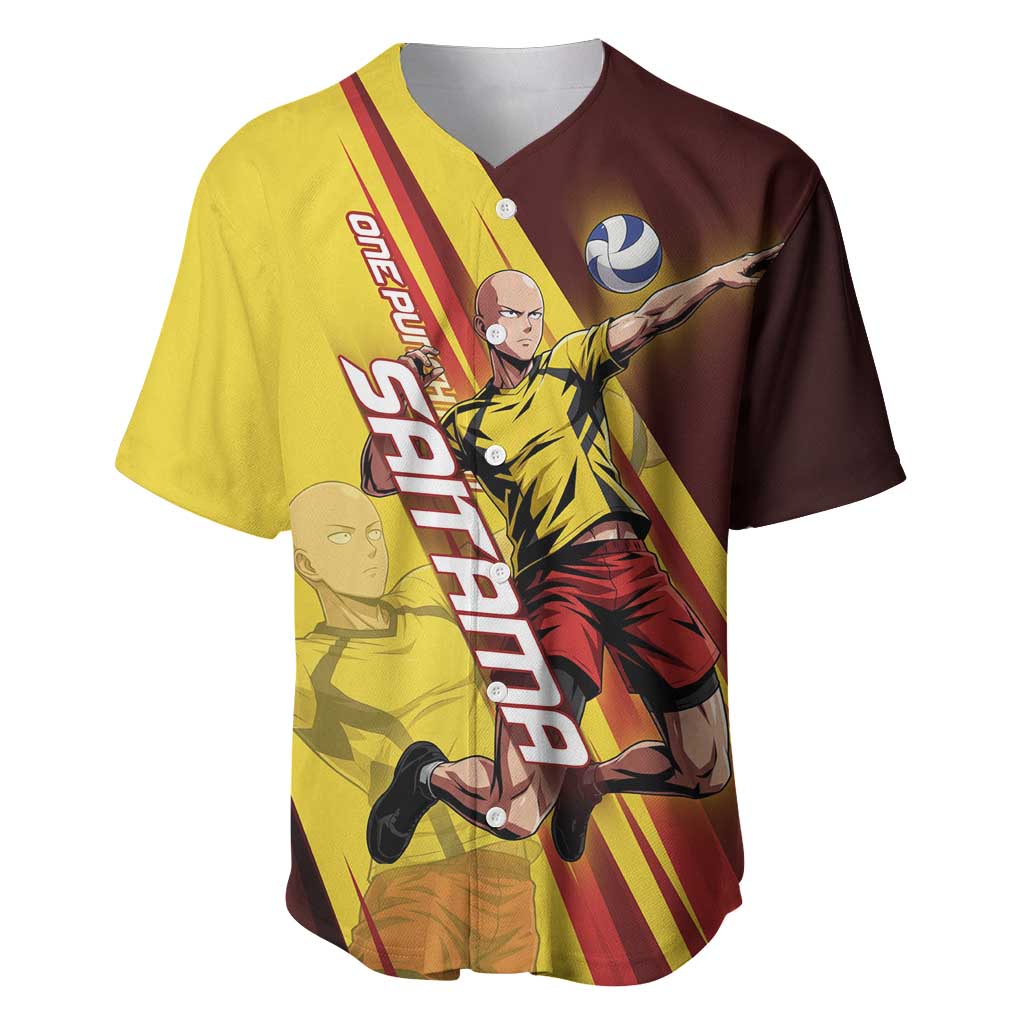 Personalized Saitama Volleyball Design Baseball Jersey with Yellow and Red Athletic Theme and Powerful Spike Pose