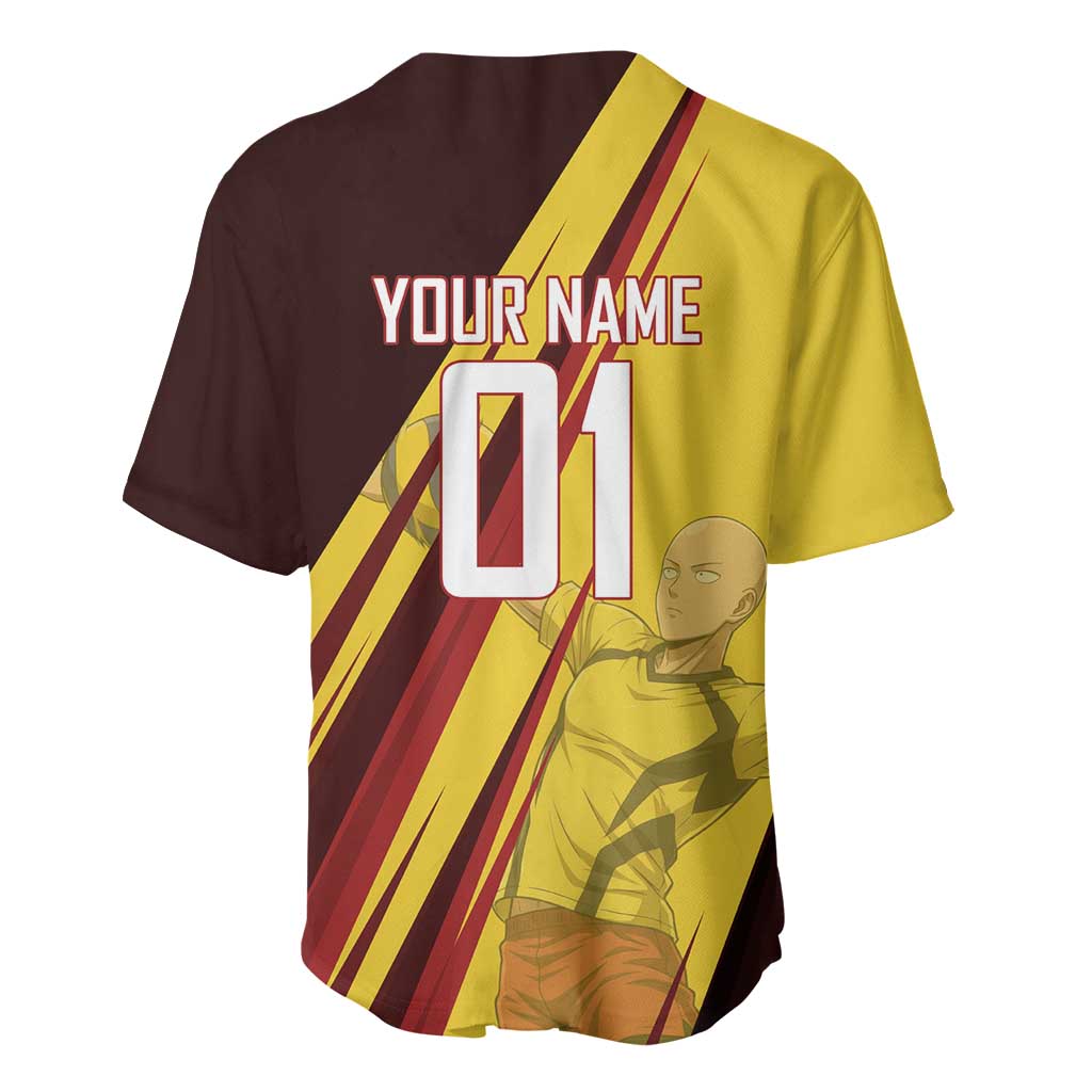 Personalized Saitama Volleyball Design Baseball Jersey with Yellow and Red Athletic Theme and Powerful Spike Pose