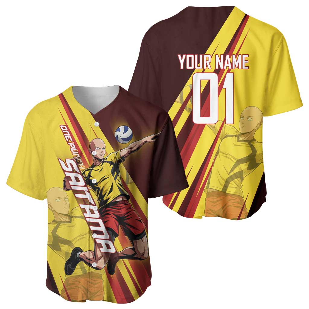 Personalized Saitama Volleyball Design Baseball Jersey with Yellow and Red Athletic Theme and Powerful Spike Pose