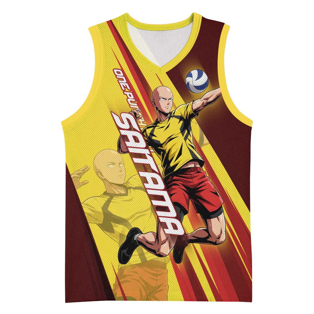 Personalized Saitama Volleyball Design Basketball Jersey with Yellow and Red Athletic Theme and Powerful Spike Pose