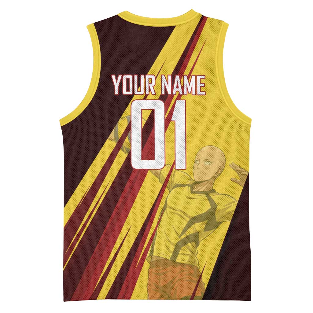 Personalized Saitama Volleyball Design Basketball Jersey with Yellow and Red Athletic Theme and Powerful Spike Pose