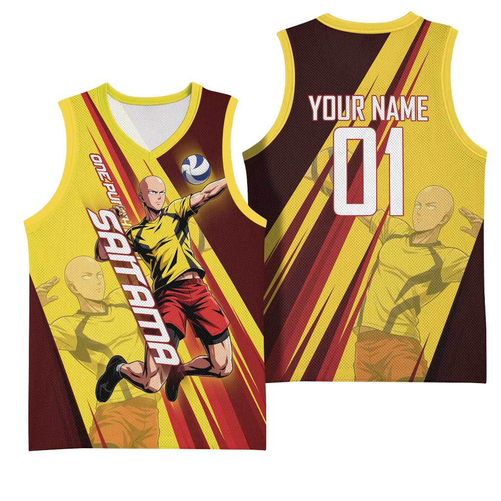 Personalized Saitama Volleyball Design Basketball Jersey with Yellow and Red Athletic Theme and Powerful Spike Pose