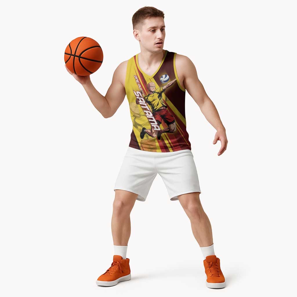 Personalized Saitama Volleyball Design Basketball Jersey with Yellow and Red Athletic Theme and Powerful Spike Pose