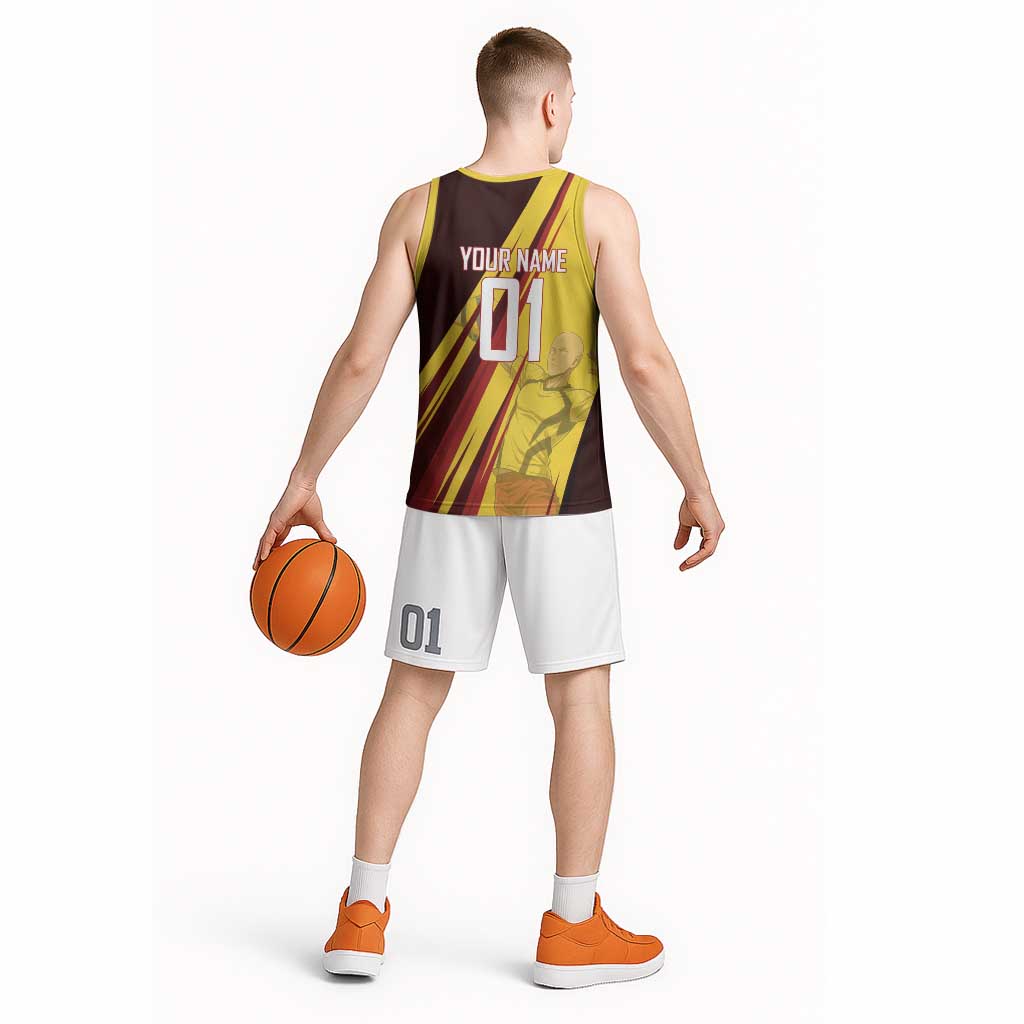 Personalized Saitama Volleyball Design Basketball Jersey with Yellow and Red Athletic Theme and Powerful Spike Pose