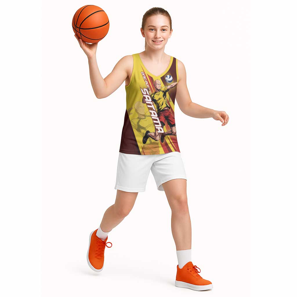 Personalized Saitama Volleyball Design Basketball Jersey with Yellow and Red Athletic Theme and Powerful Spike Pose