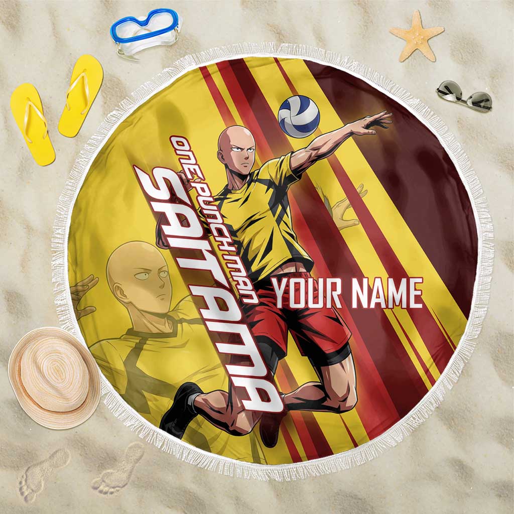 Personalized Saitama Volleyball Design Beach Blanket with Yellow and Red Athletic Theme and Powerful Spike Pose
