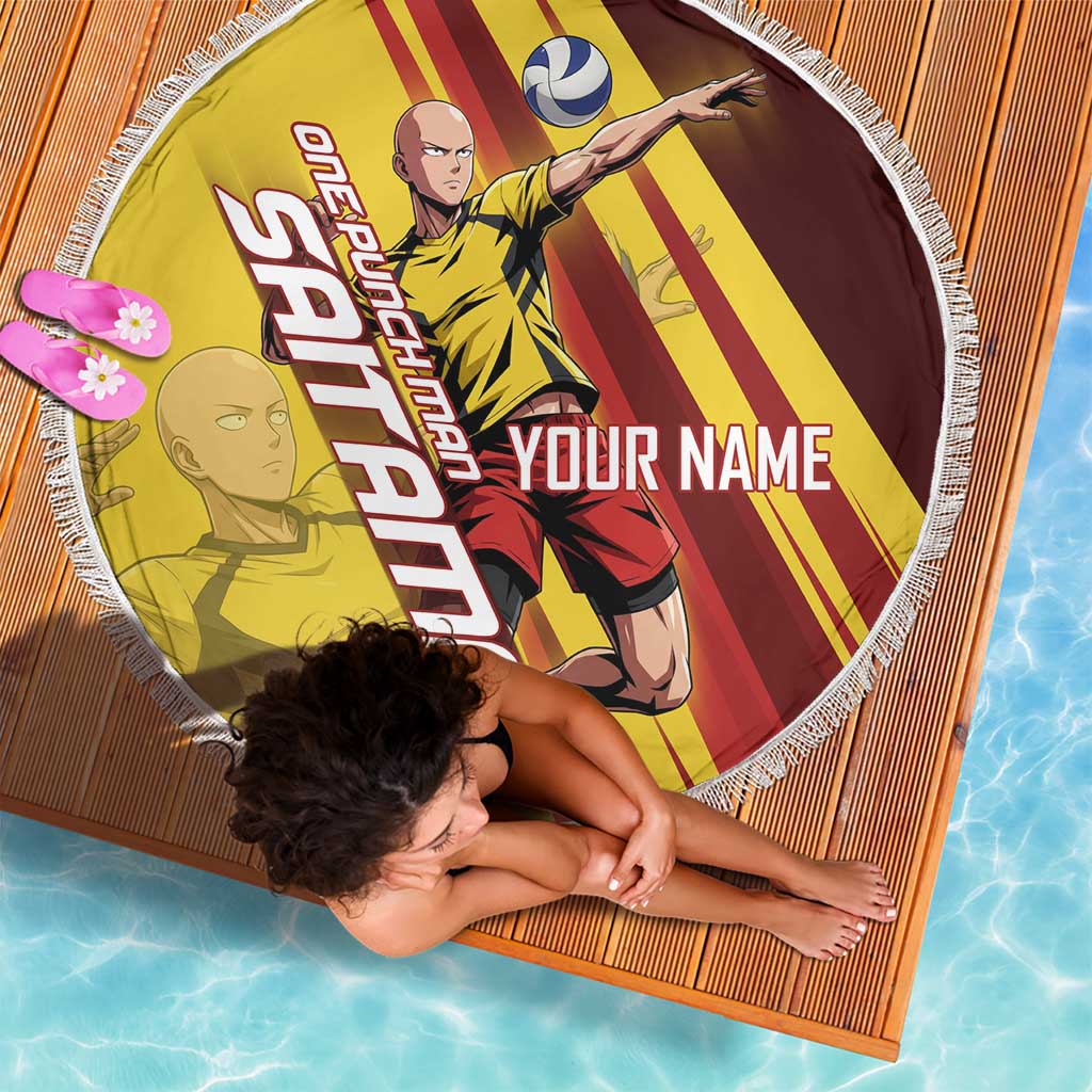 Personalized Saitama Volleyball Design Beach Blanket with Yellow and Red Athletic Theme and Powerful Spike Pose