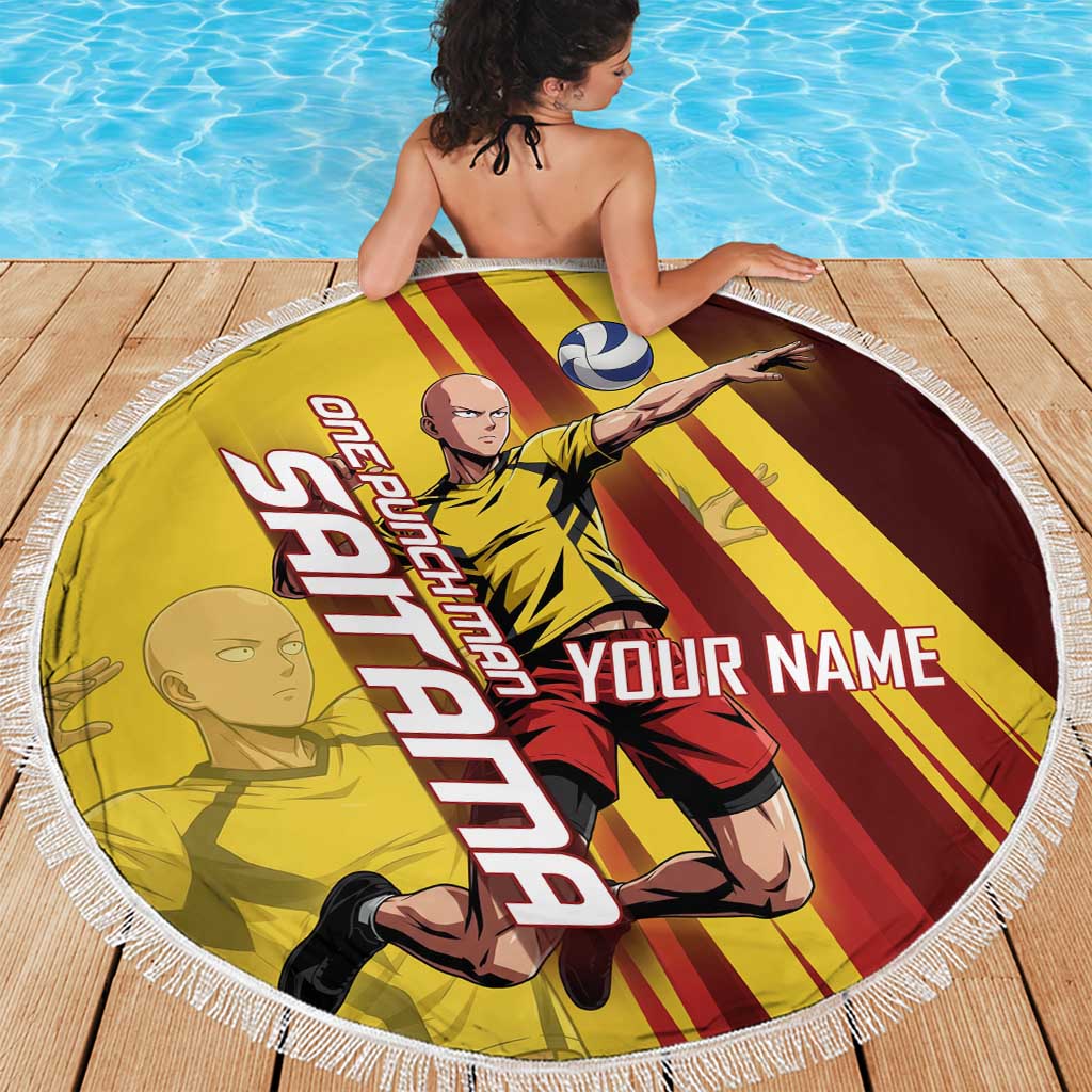 Personalized Saitama Volleyball Design Beach Blanket with Yellow and Red Athletic Theme and Powerful Spike Pose