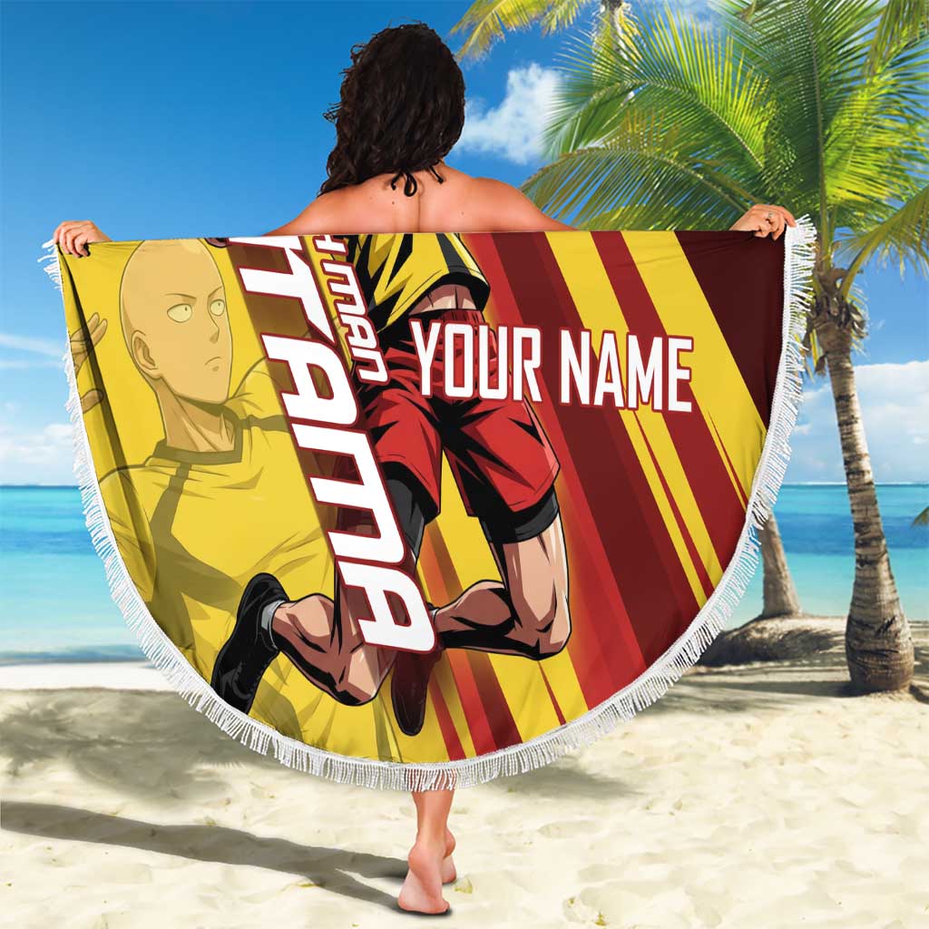 Personalized Saitama Volleyball Design Beach Blanket with Yellow and Red Athletic Theme and Powerful Spike Pose