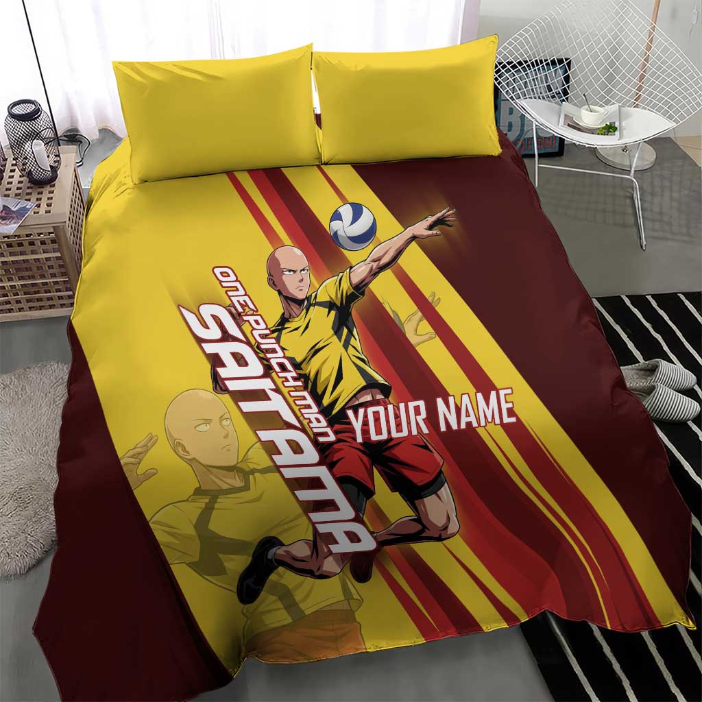 Personalized Saitama Volleyball Design Bedding Set with Yellow and Red Athletic Theme and Powerful Spike Pose