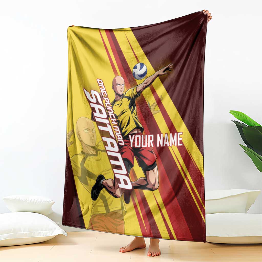 Personalized Saitama Volleyball Design Blanket with Yellow and Red Athletic Theme and Powerful Spike Pose