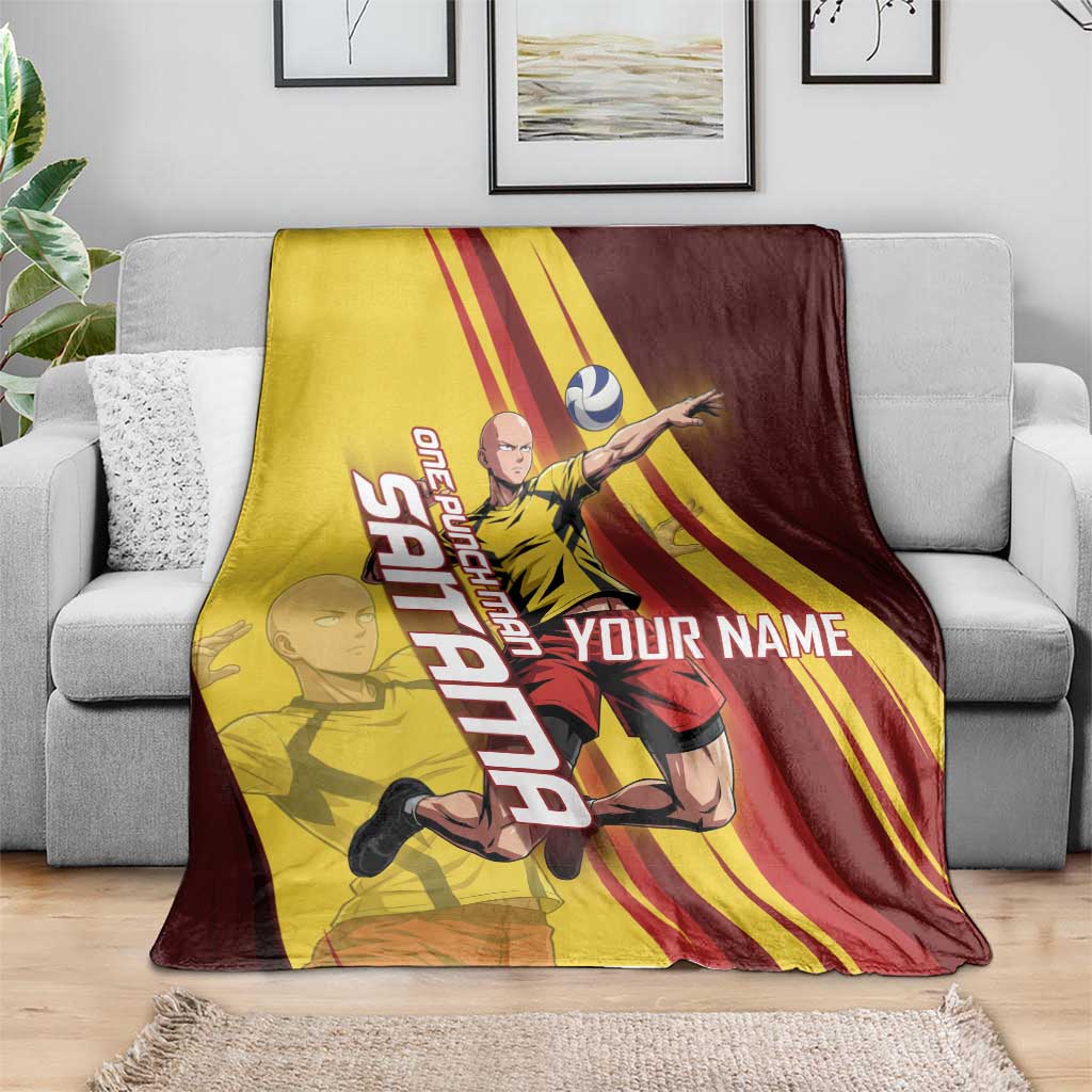 Personalized Saitama Volleyball Design Blanket with Yellow and Red Athletic Theme and Powerful Spike Pose