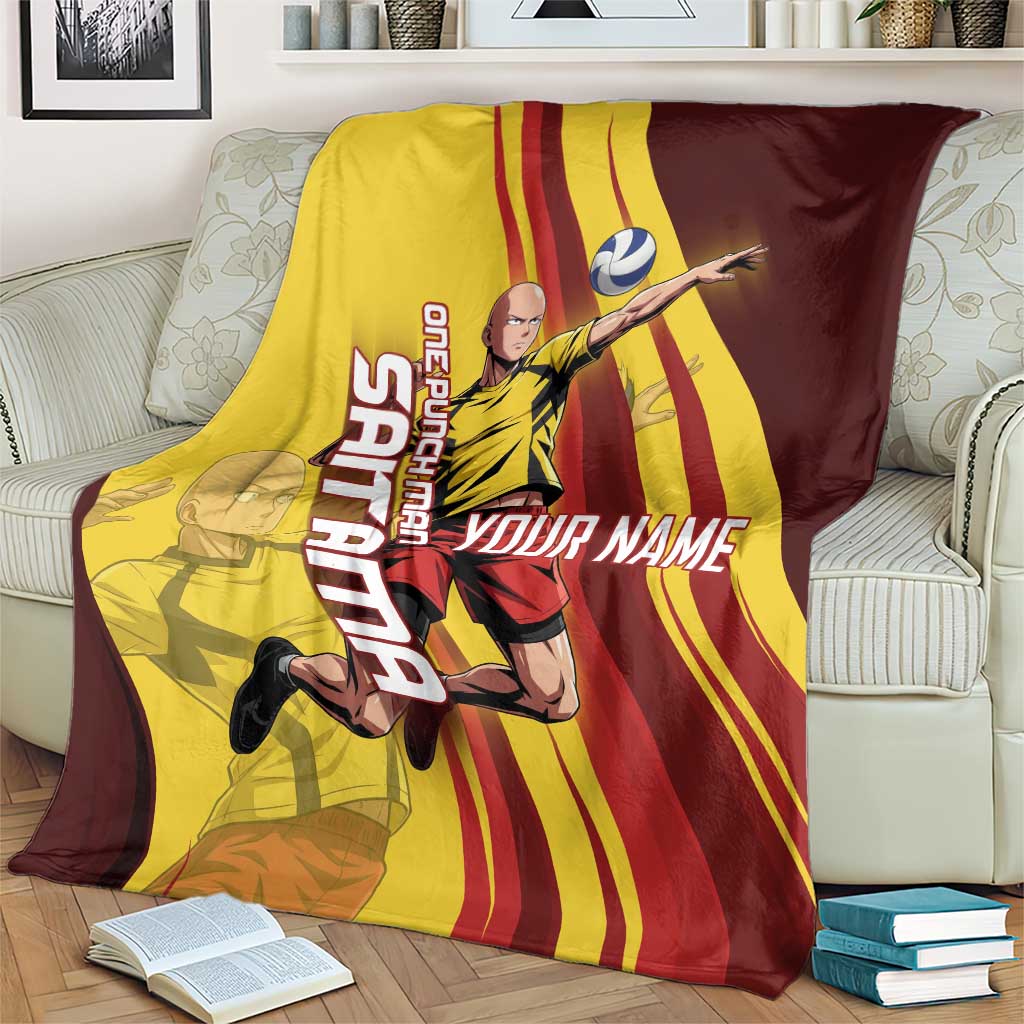 Personalized Saitama Volleyball Design Blanket with Yellow and Red Athletic Theme and Powerful Spike Pose