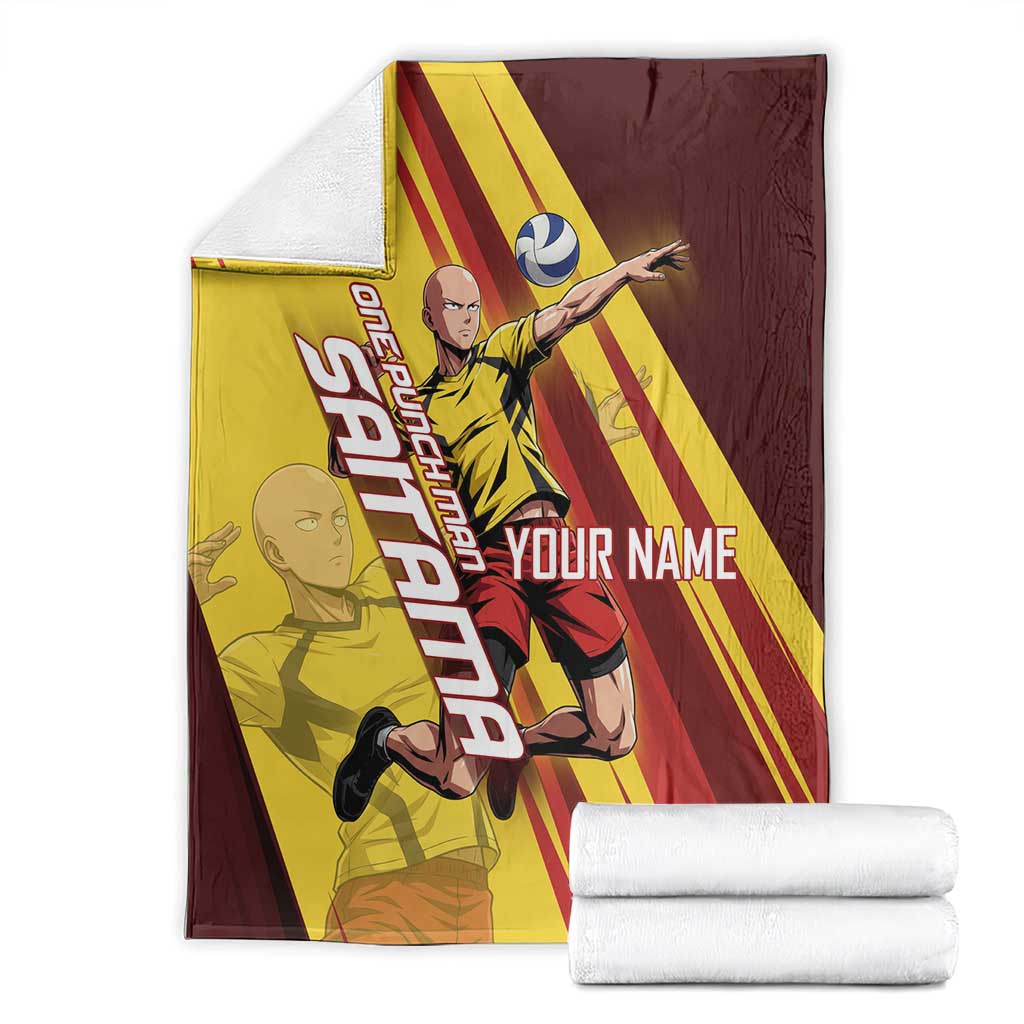 Personalized Saitama Volleyball Design Blanket with Yellow and Red Athletic Theme and Powerful Spike Pose