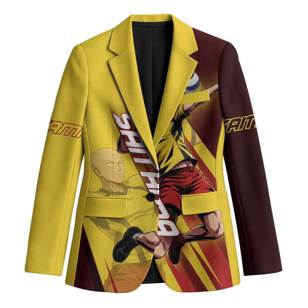 Personalized Saitama Volleyball Design Blazer with Yellow and Red Athletic Theme and Powerful Spike Pose