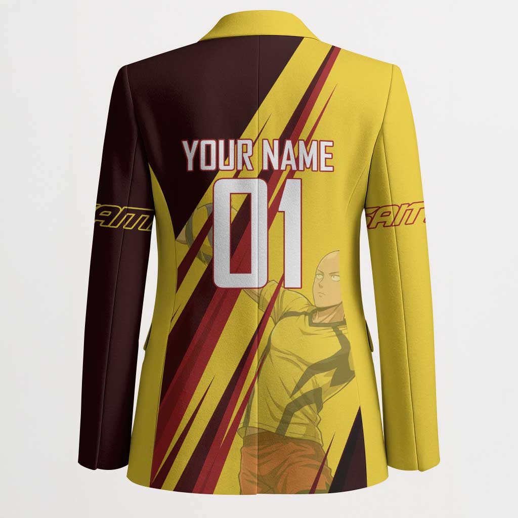 Personalized Saitama Volleyball Design Blazer with Yellow and Red Athletic Theme and Powerful Spike Pose