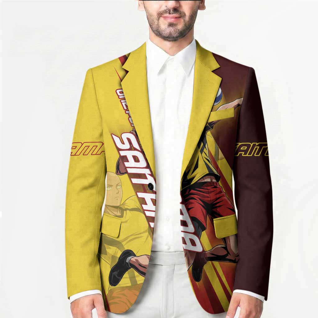 Personalized Saitama Volleyball Design Blazer with Yellow and Red Athletic Theme and Powerful Spike Pose