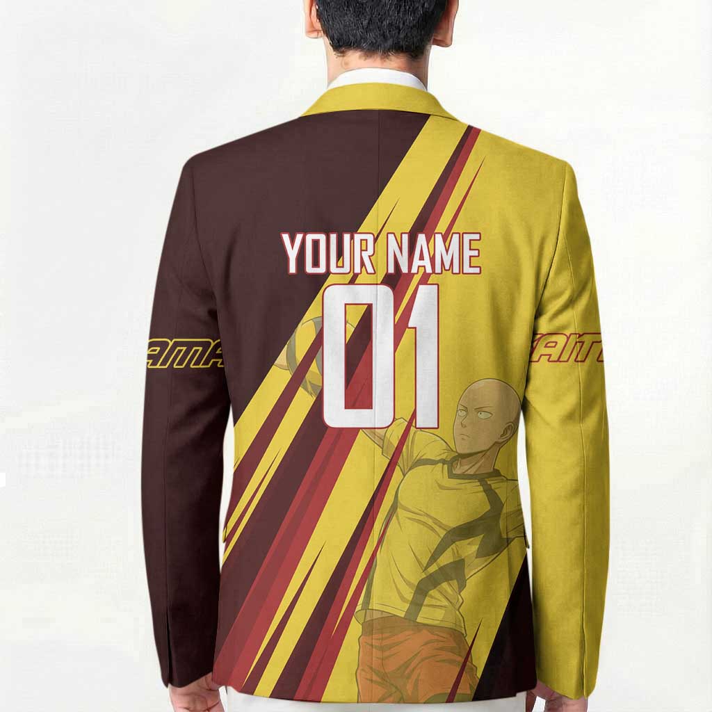 Personalized Saitama Volleyball Design Blazer with Yellow and Red Athletic Theme and Powerful Spike Pose