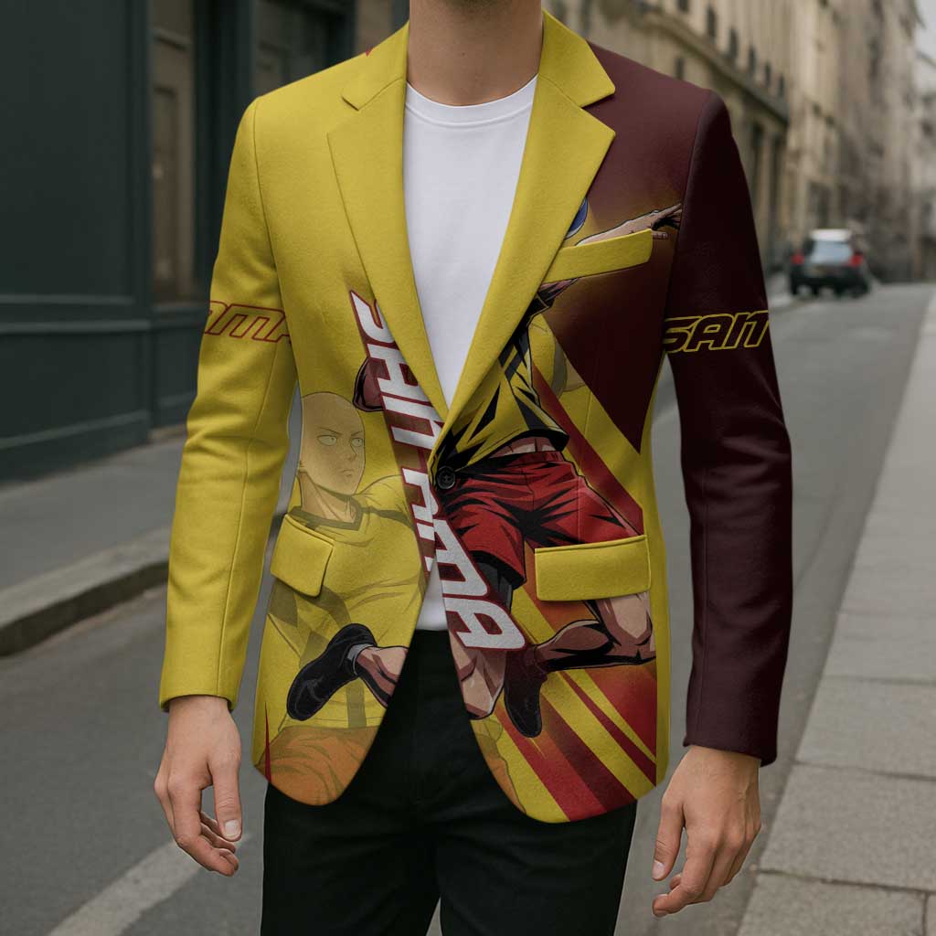 Personalized Saitama Volleyball Design Blazer with Yellow and Red Athletic Theme and Powerful Spike Pose