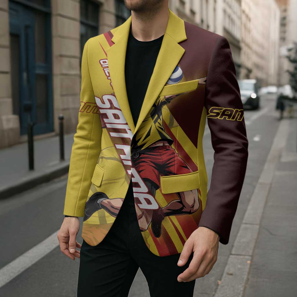 Personalized Saitama Volleyball Design Blazer with Yellow and Red Athletic Theme and Powerful Spike Pose
