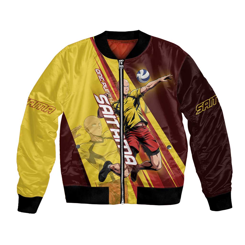 Personalized Saitama Volleyball Design Bomber Jacket with Yellow and Red Athletic Theme and Powerful Spike Pose