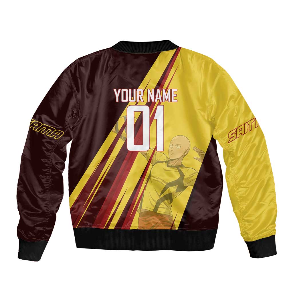 Personalized Saitama Volleyball Design Bomber Jacket with Yellow and Red Athletic Theme and Powerful Spike Pose