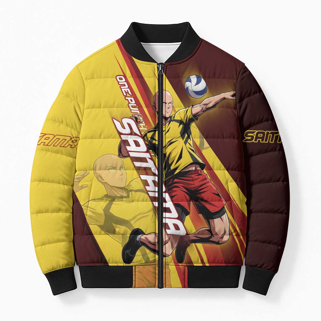 Personalized Saitama Volleyball Design Bomber Puffer Jacket with Yellow and Red Athletic Theme and Powerful Spike Pose