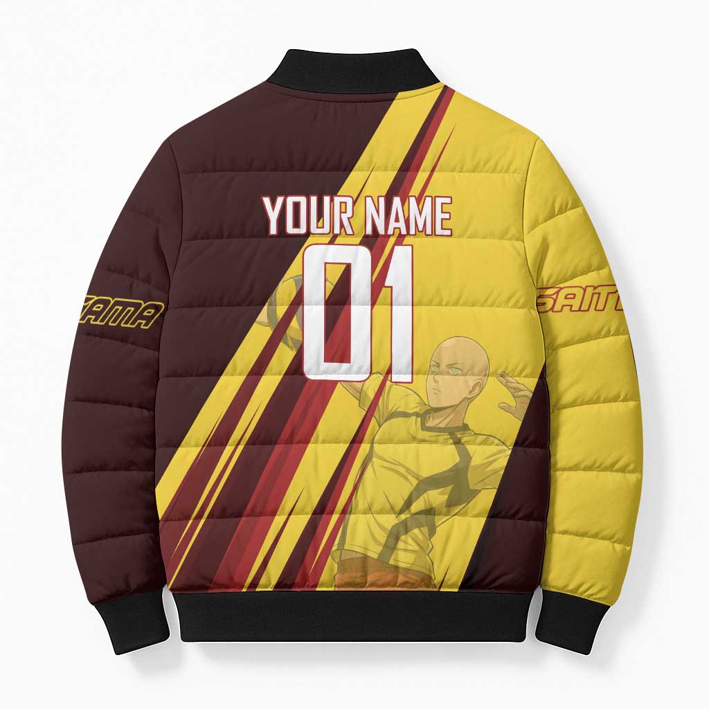 Personalized Saitama Volleyball Design Bomber Puffer Jacket with Yellow and Red Athletic Theme and Powerful Spike Pose