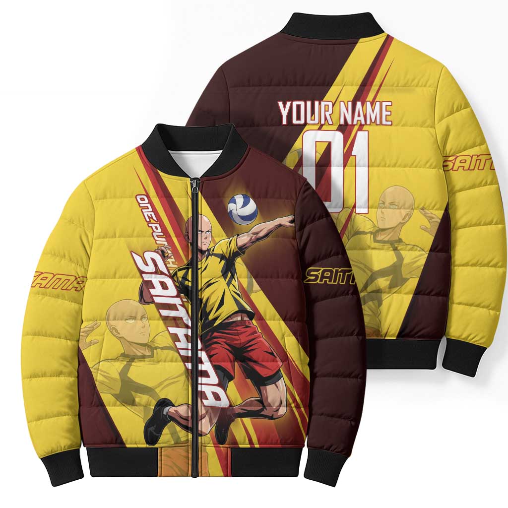 Personalized Saitama Volleyball Design Bomber Puffer Jacket with Yellow and Red Athletic Theme and Powerful Spike Pose