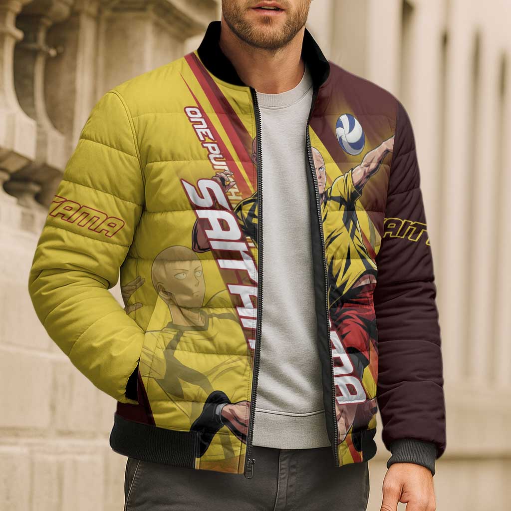 Personalized Saitama Volleyball Design Bomber Puffer Jacket with Yellow and Red Athletic Theme and Powerful Spike Pose