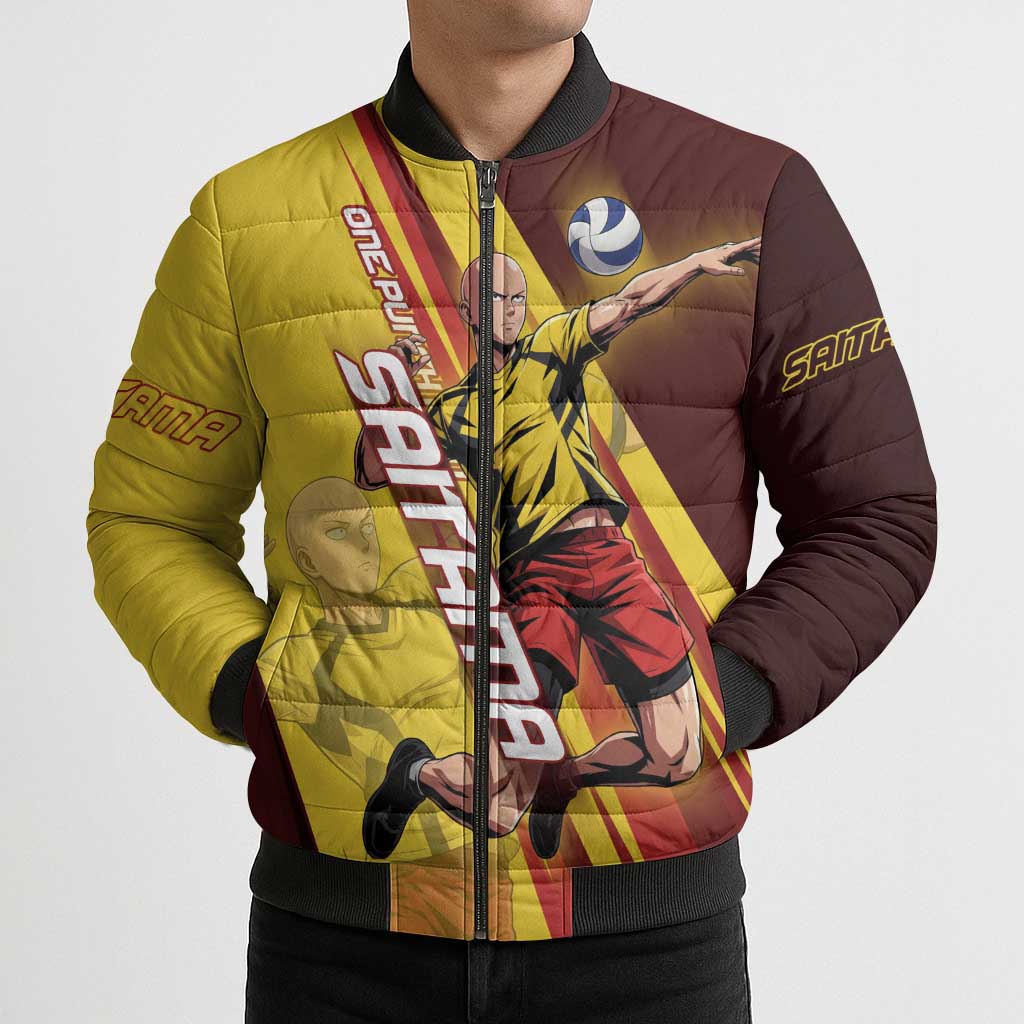 Personalized Saitama Volleyball Design Bomber Puffer Jacket with Yellow and Red Athletic Theme and Powerful Spike Pose