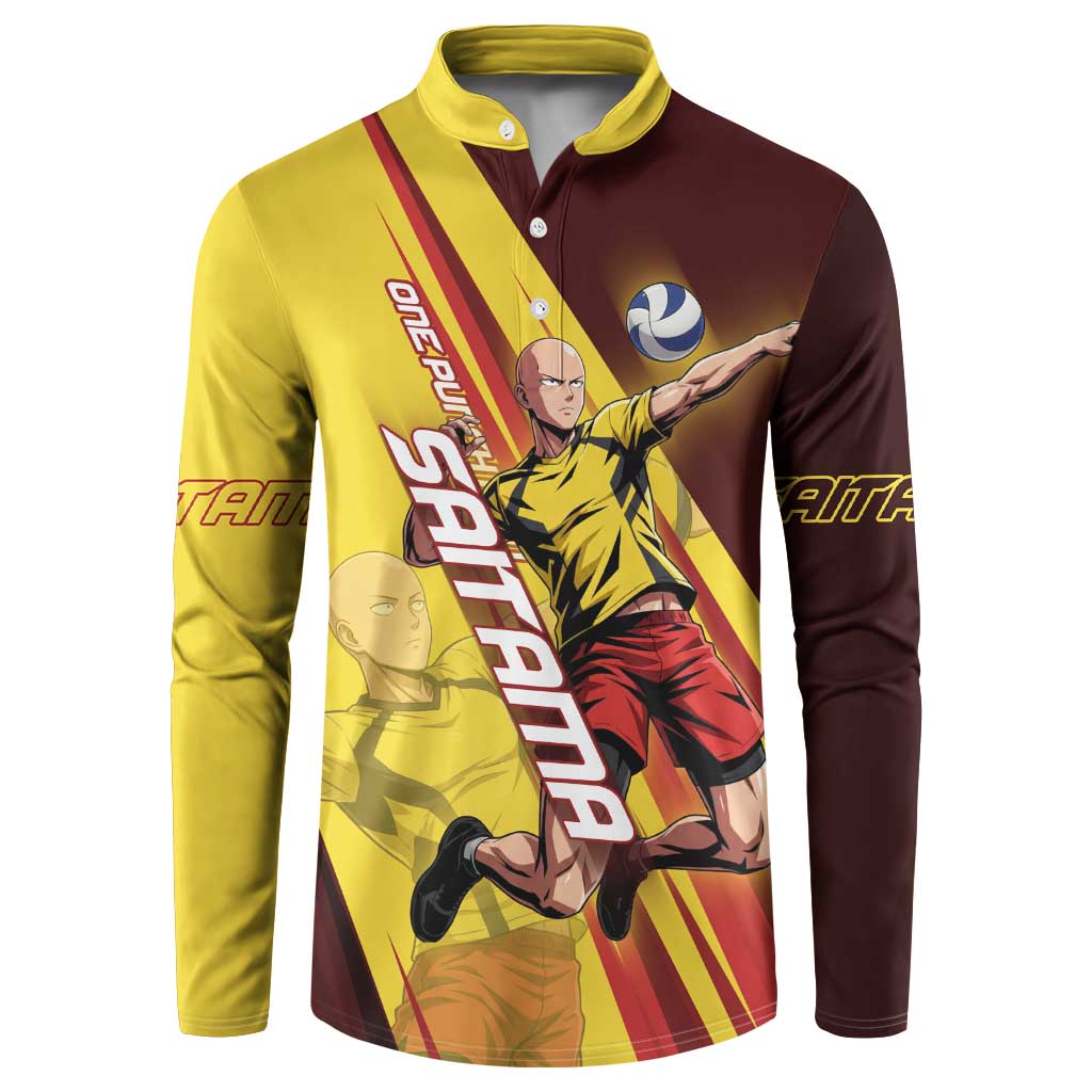 Personalized Saitama Volleyball Design Button Sweatshirt with Yellow and Red Athletic Theme and Powerful Spike Pose